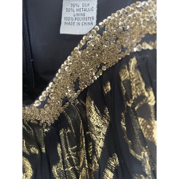 Cache Strapless Cocktail Dress Womens 4 Black Gold Floral Brocade Sequin Silk Pa - Picture 5 of 12